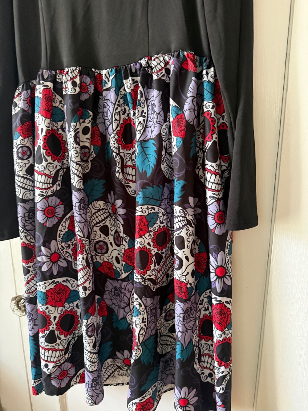 Black Long-Sleeve Dress with Colorful Sugar Skull Skirt size 2XL - Picture 2 of 9